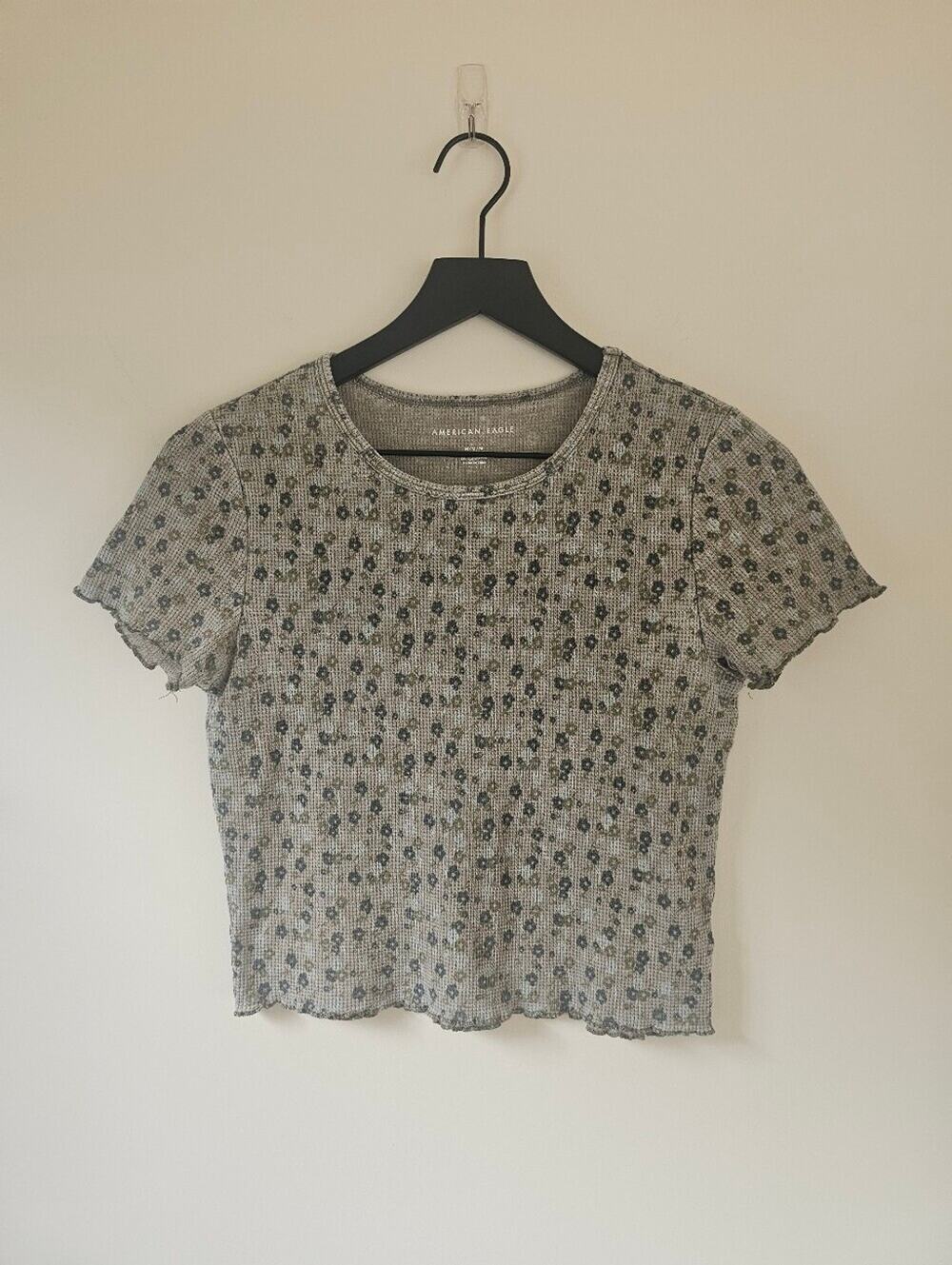 American Eagle Outfitters Green Floral Waffle Short Sleeve Top